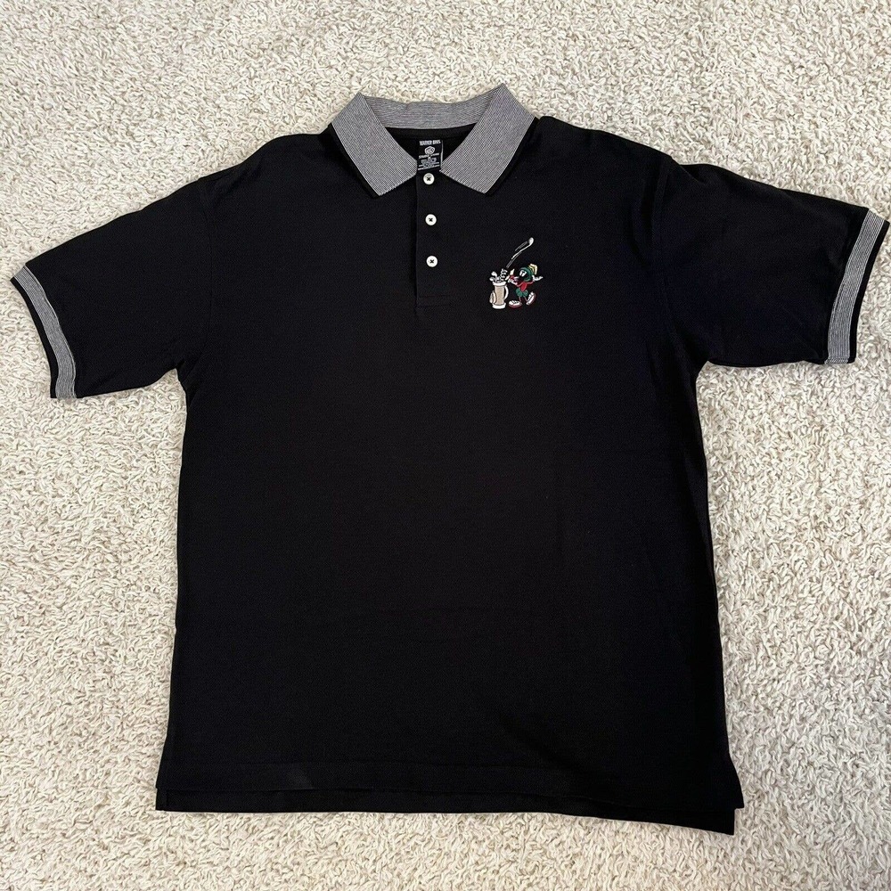 VINTAGE '9OS GOLF POLO SHIRT MENS MED MARVIN THE MARTIAN WARNER BROS S/S BLACK